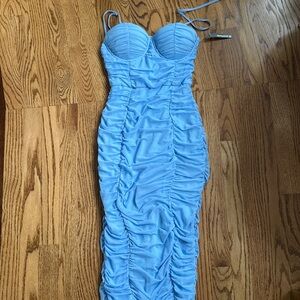 Blue Ruched Strapless Dress